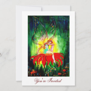 Invitation FÉE RÊVANT SUR UNE FLEUR ROUGE jaune vert