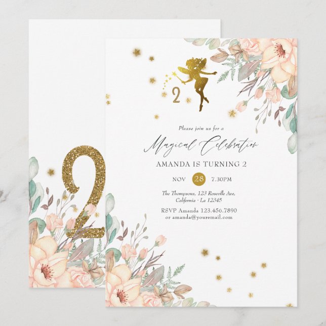 Invitation Fée rose et or thème Girl 2e fête d'anniversaire (Devant / Derrière)