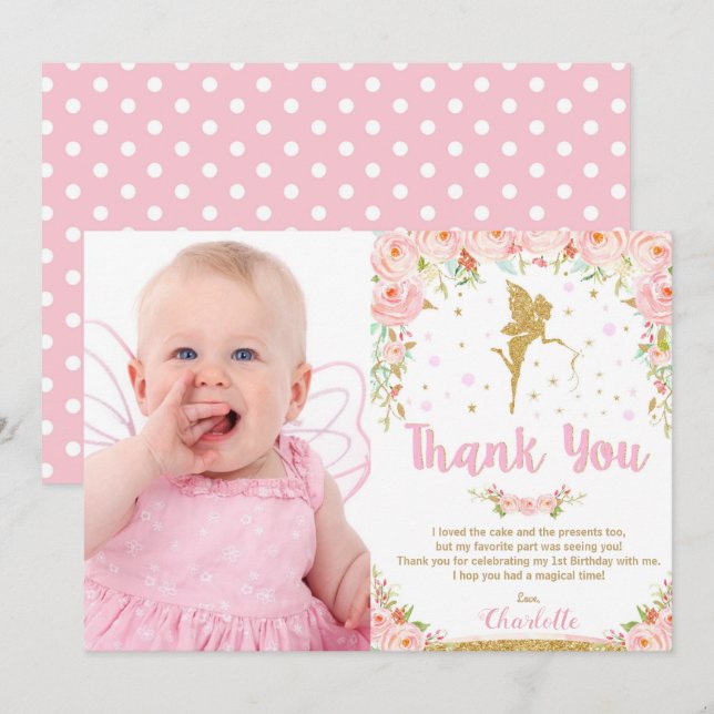 Invitation Fée rose Floral 1er anniversaire Merci (Devant / Derrière)