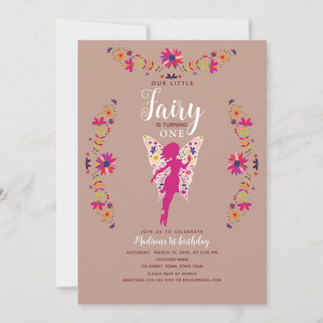 Invitation Fée rose florale 1er anniversaire (Devant)