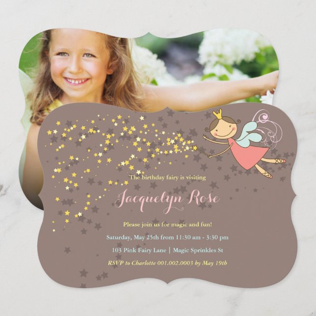 Invitation Fée Rose Princesse Et Étoiles Photo Fille Annivers (Devant / Derrière)