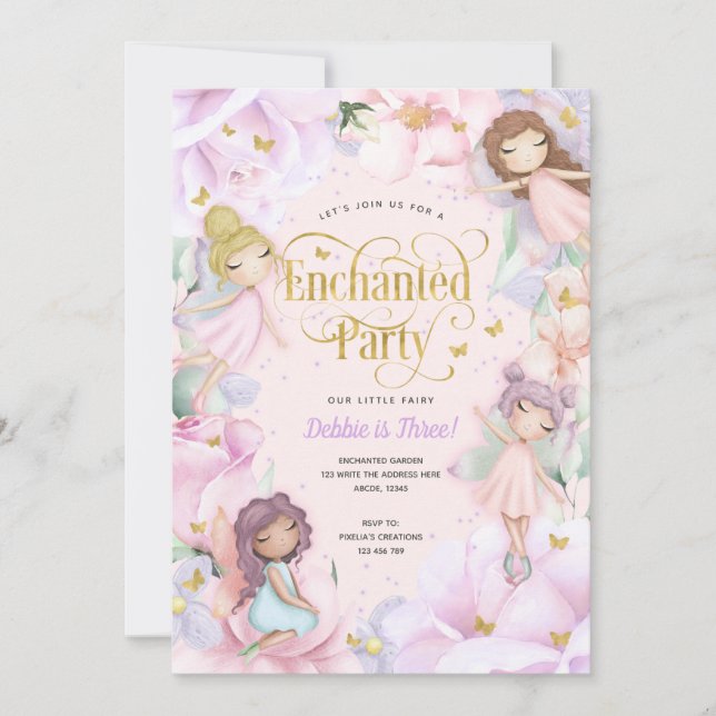 Invitation Fée thème Enchanted jardin rose anniversaire (Devant)