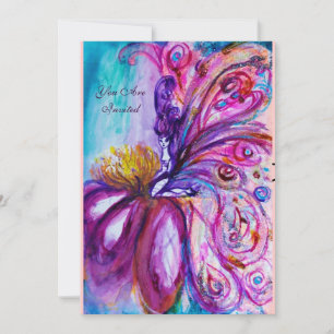 INVITATION FÉERIQUE PETITE FÉE FLEUR EN ROSE, ÉTINCELLES D'OR