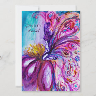 INVITATION FÉERIQUE PETITE FÉE FLEUR EN ROSE, ÉTINCELLES D'OR