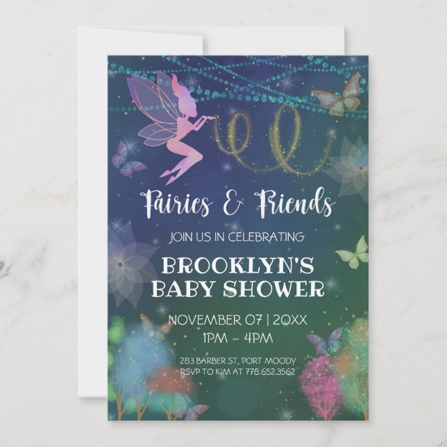 Invitation Fées Et Amis Parties scintillant Papillon Baby sho (Devant)