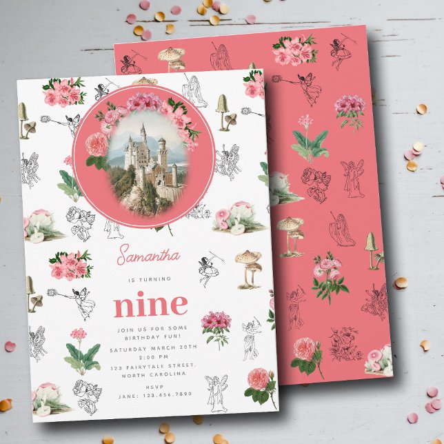 Invitation Fées Rose Floral Champignons Fairy Castle Annivers (Fairies Pink Floral Mushroom Fairy Castle Birthday Invitation)