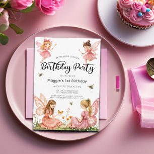 Invitation Fées roses Woodland 1er anniversaire