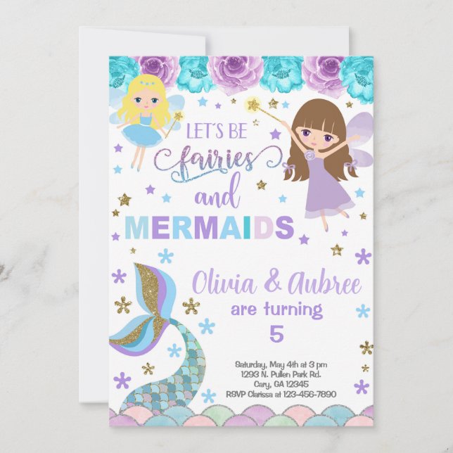 Invitation Fées & sirènes de filles frères et soeurs invitati (Devant)