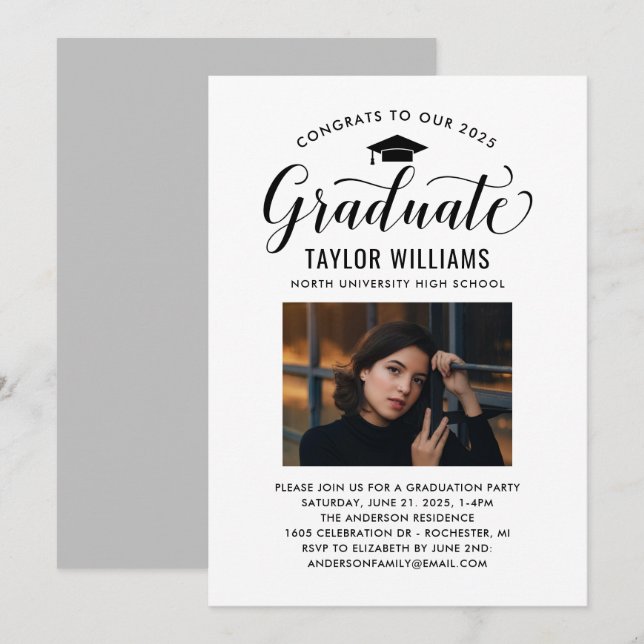 Invitation Félicitations à nos diplômés en noir Script photo (Devant / Derrière)