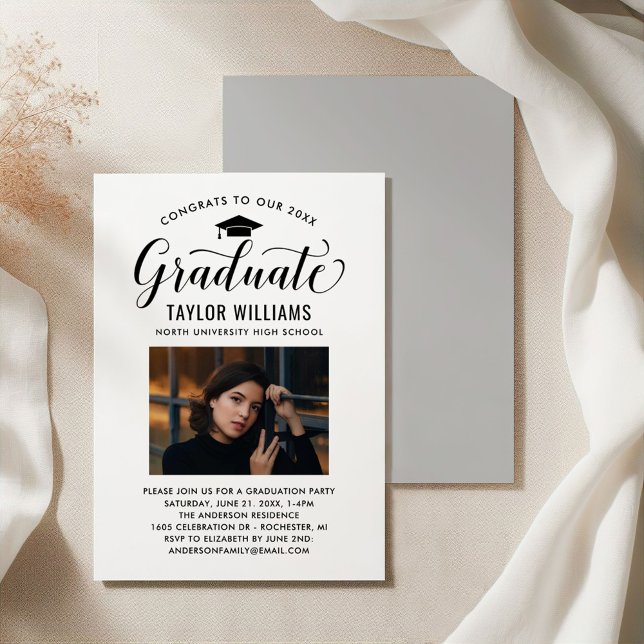 Invitation Félicitations à nos diplômés en noir Script photo (Créateur téléchargé)