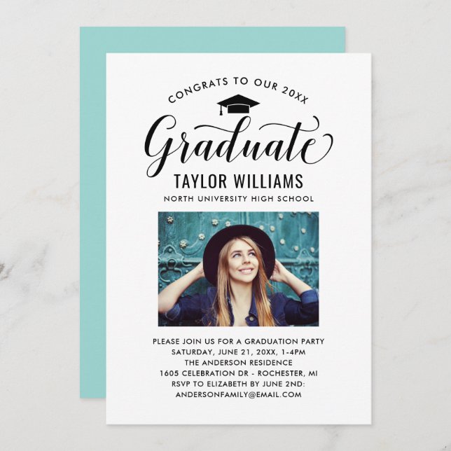 Invitation Félicitations à nos diplômés en noir Script photo (Devant / Derrière)