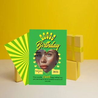 Invitation Félicitations d'anniversaire rétro vert et jaune,
