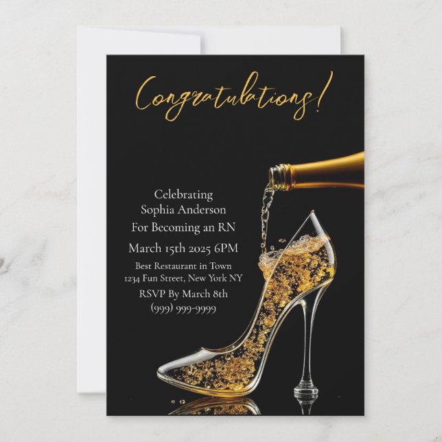 Invitation Félicitations-Stiletto et Bubbly (Devant)