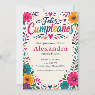 Invitation Feliz Cumpleaños personnalisé Fête florale espagno