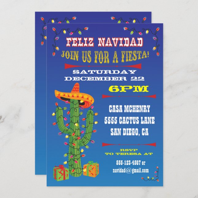 Invitation Feliz Navidad Cactus avec Sombrero (Devant / Derrière)