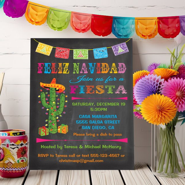 Invitation Feliz navidad Fiesta Cactus sur Chalkboard (Créateur téléchargé)