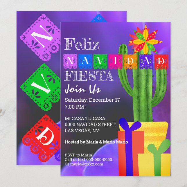 Invitation Feliz Navidad Fiesta Green Cactus Sur Violet (Devant / Derrière)