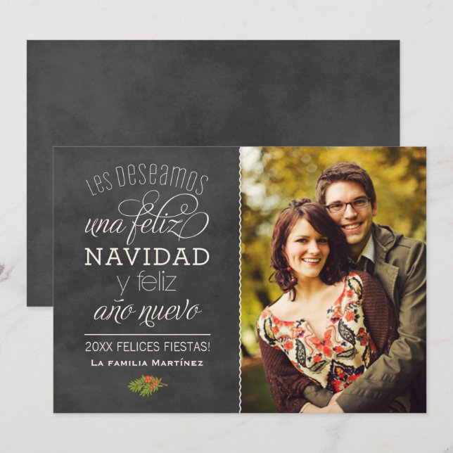 Invitation Feliz Navidad y Año Nuevo Deseos | Negro Pizarra (Devant / Derrière)