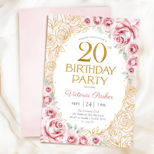 Invitation Féminin Anniversaire 20 ans Rose Pâle Or