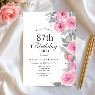 Invitation Féminin Fleurs Aquarelle Rose Chic 87e Anniversair