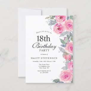 Invitation Féminin Floral Aquarelle Rose Élégant 18ème Annive