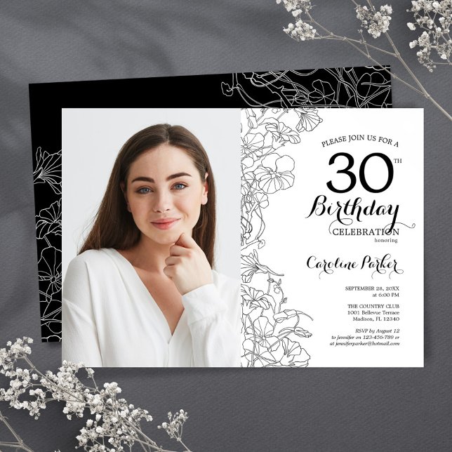 Invitation Feminine Black White Floral Photo 30e anniversaire (Créateur téléchargé)