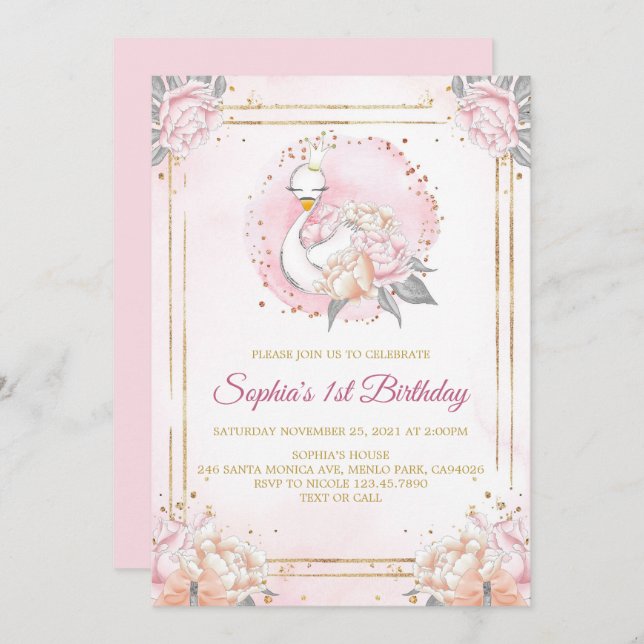 Invitation Feminine Boho Swan Princesse rose Blush Anniversai (Devant / Derrière)
