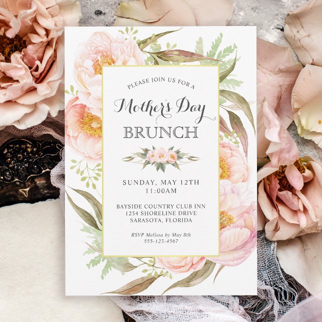 Invitation Feminine Floral Pink Peonies Fête des mères Brunch (Available in both printed and digital download formats.)
