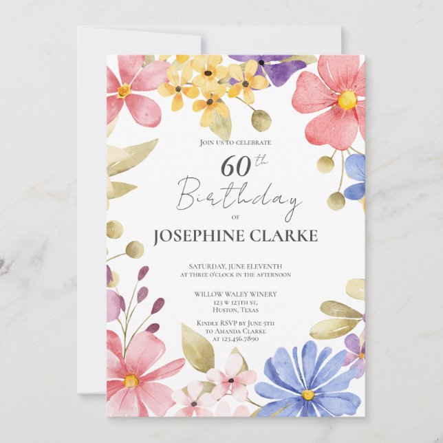 Invitation Feminine Floral Wreath 60e fête d'anniversaire (Devant)