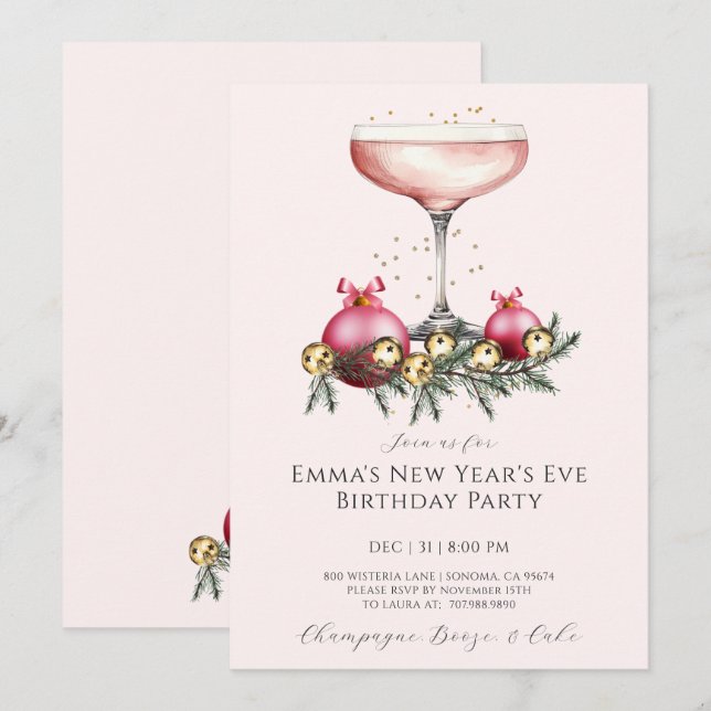 Invitation Feminine Pink Champagne New Years Eve Birthday  (Devant / Derrière)