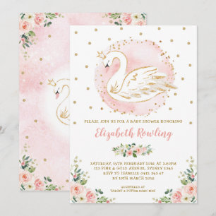 Invitation Feminine Swan Princess Baby shower d'or rose
