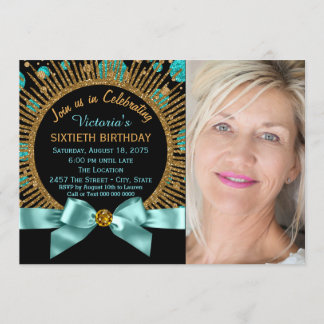 Invitation Femme 60e anniversaire Turquoise bleu et or photo 