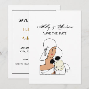 Invitation Femme Art Déco Vintage avec Fleurs Portant un Chap