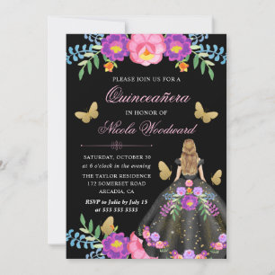 Invitation Femme blonde en robe florale mexicaine Quinceañera