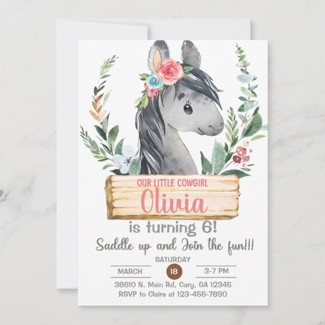 Invitation Femme, cheval gris, équitation, anniversaire de fi (Devant)