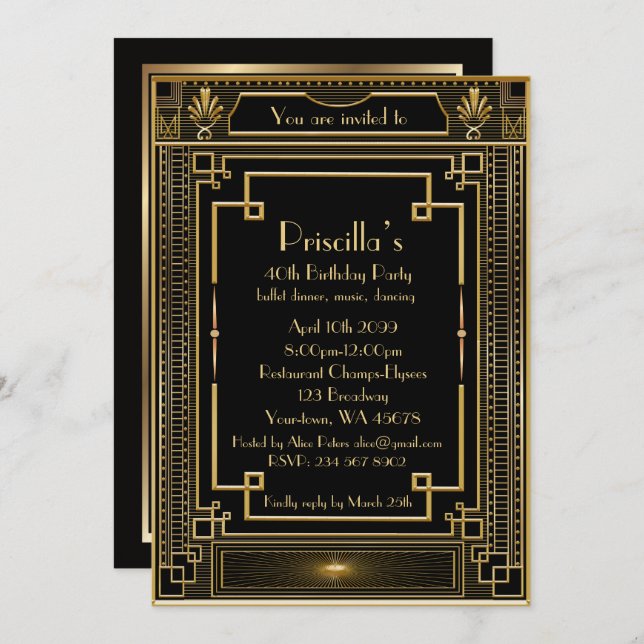 Invitation Femme de fête d'anniversaire, style de Gatsby (Devant / Derrière)