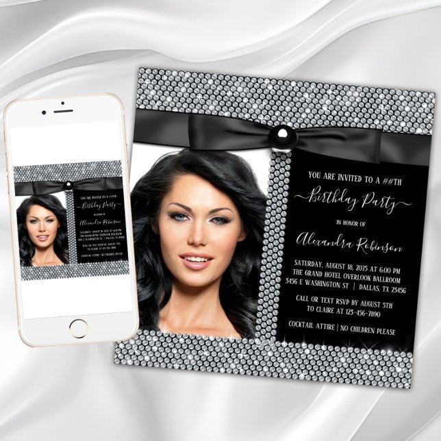 Invitation Femme Diamond Glam Photo Anniversaire (Womans black and white diamond birthday party invitation with diamonds and bow. Photo invitation.)