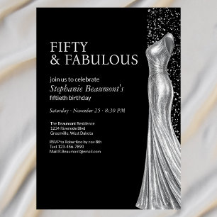 Invitation Femme Élégante Robe Argentée Fabuleuse 50e Anniver
