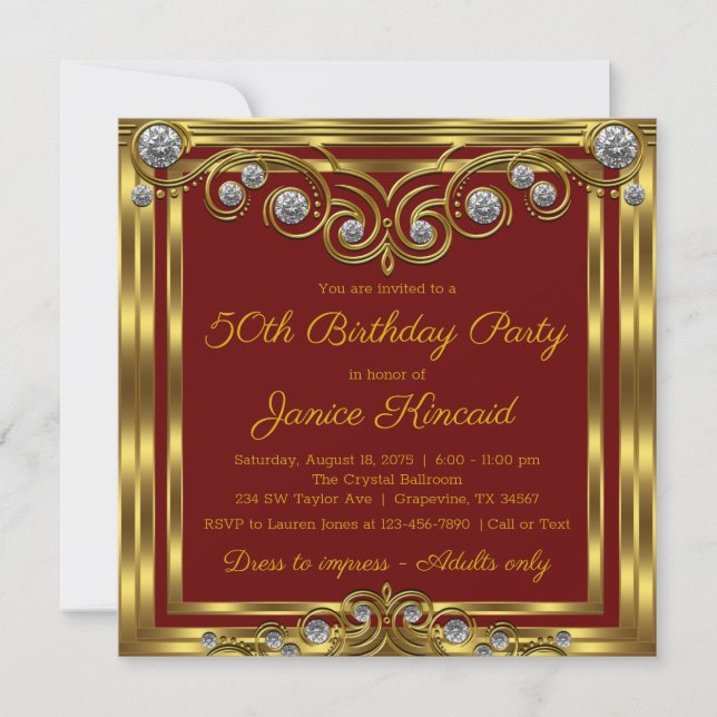 Invitation Femme Elégante Rouge Or Diamant Anniversaire (Devant)