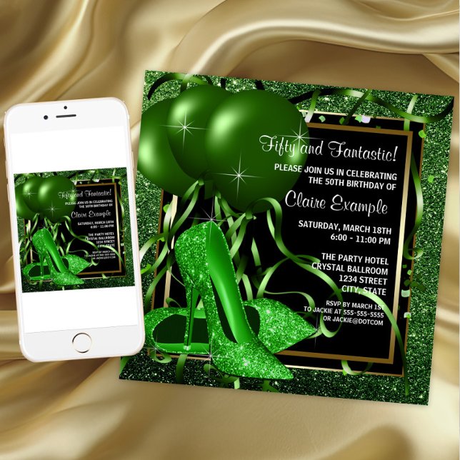 Invitation Femme Emerald Green High Heel Chaussure fête d'ann (Emerald green and gold any occasion invitation. Instant download and printed invitations available.)
