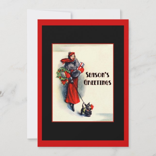 Invitation Femme en manteau rouge avec Scottish Terrier Open  (Devant)