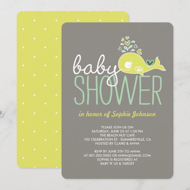 Invitation Femme enceinte Baleine Baby shower neutre (Devant / Derrière)