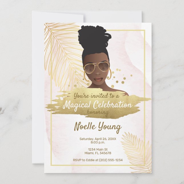 Invitation Femme noire, Anniversaire Tropical Golden Rose (Devant)