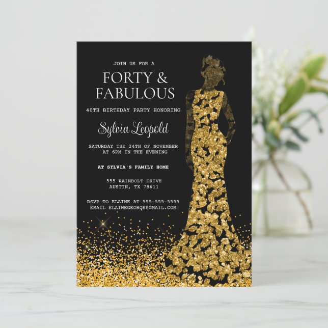 Invitation Femme noire et or en robe 40e anniversaire (Debout devant)