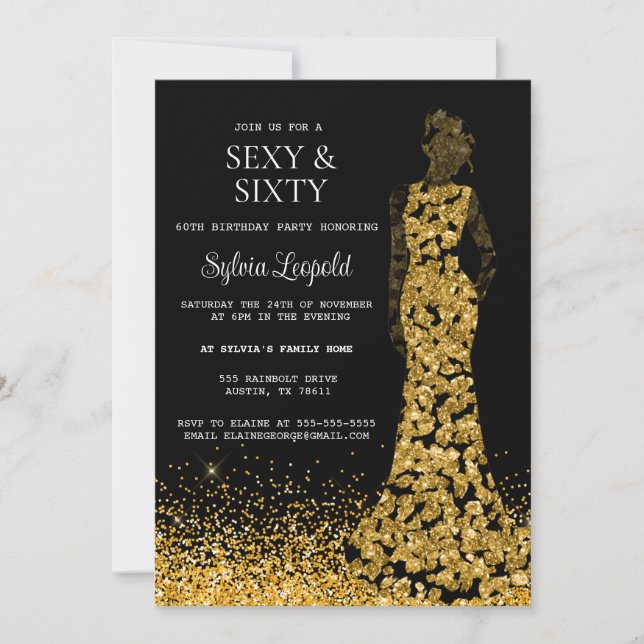 Invitation Femme noire et or en robe 60e anniversaire (Devant)