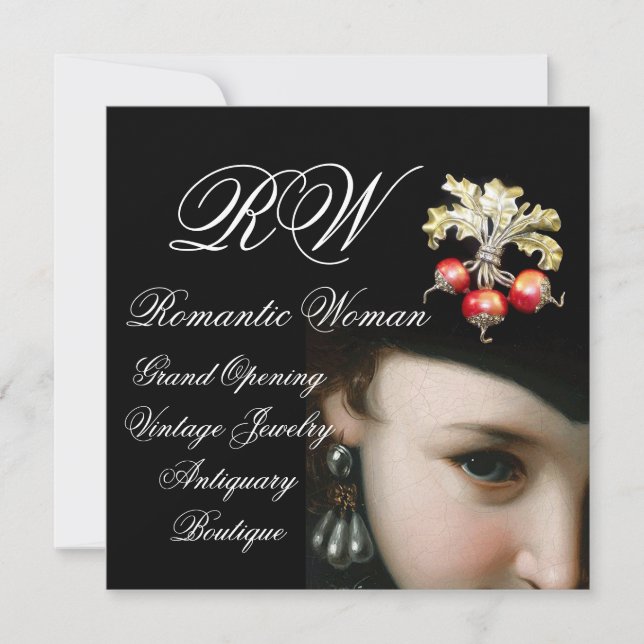 INVITATION FEMME ROMANTIQUE, BIJOUX ANCIENS, GRAND OUVERTURE  (Devant)