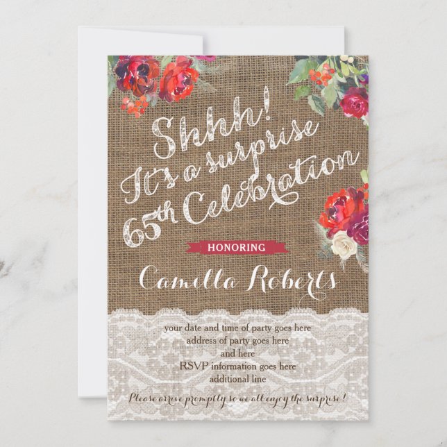 Invitation Femme surprise 65e anniversaire Invitations, Red R (Devant)