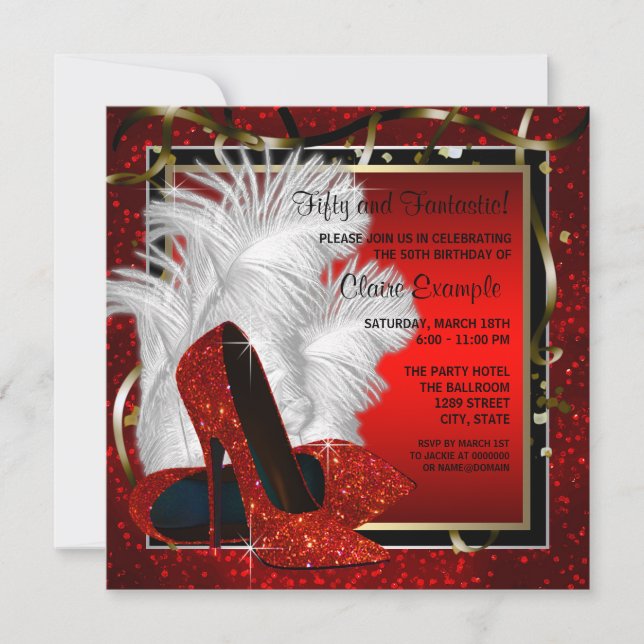 Invitation Femmes Noir et Rouge Haut talons fête d'anniversai (Devant)