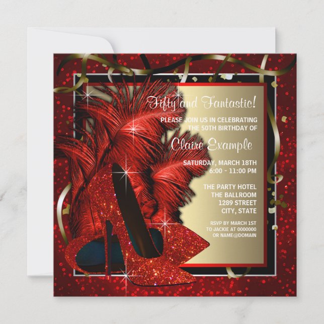 Invitation Femmes Noir et Rouge Haut talons fête d'anniversai (Devant)