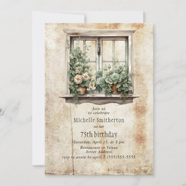 Invitation Fenêtre Jardin Succulents Rustique 75e anniversair (Devant)